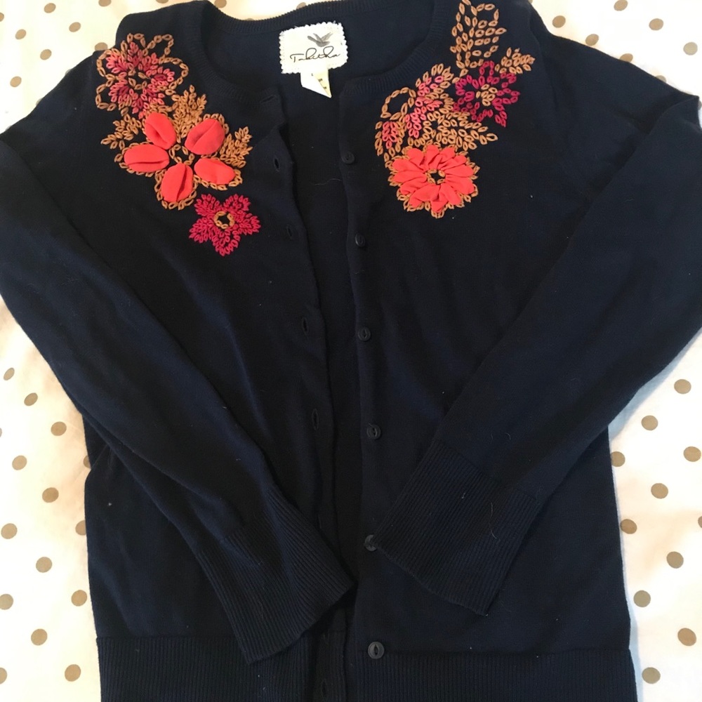 navy blue embroidered Anthropologie cardigan